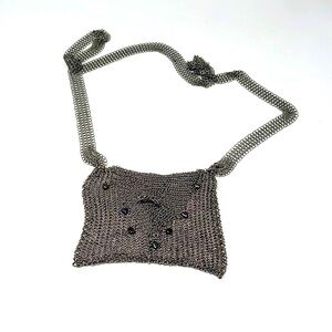 Vintage Silver Metal Mesh Chain Mail Pearl Crossbody Bag